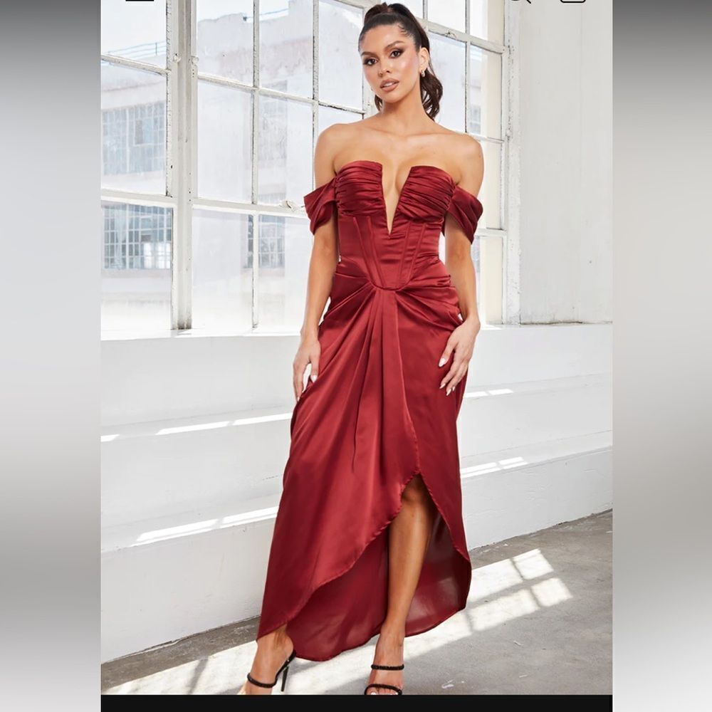 Mad for Love satin burgundy corset maxi dress, L